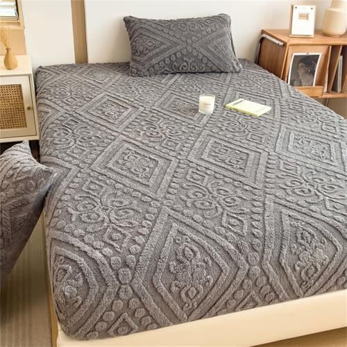 Odot Plüsch Spannbettlaken, Europäisch Stil Jacquard Spannbetttuch Elastisch Weich Atmungsaktiv Spannleintuch Knitterfrei Spannbetttücher für Einzelbett Doppelbett (Dunkelgrau,150x200+25cm)