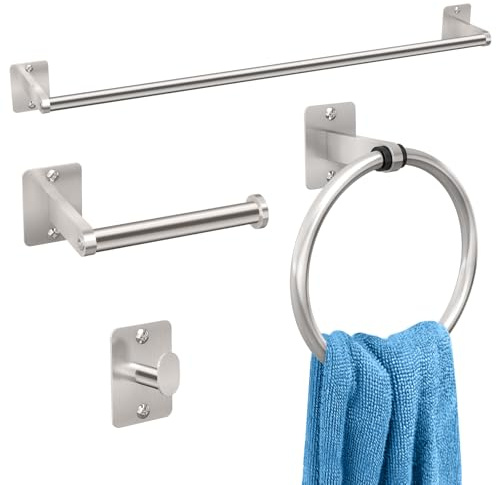 Gypie 4PCS Toilet Roll Holder, 24″ Towel Rail Wall Mounted and Ring Set | Bathroom Accessories Set with Rustproof Metal, Easy Screw-Fix Secure, Ideal for Family Bathrooms, Kitchens & Rentals