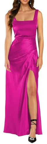 Vestidos de dama de honor de satén para mujer para boda con abertura fruncida, vestidos largos formales de noche, talla grande, fucsia, 40