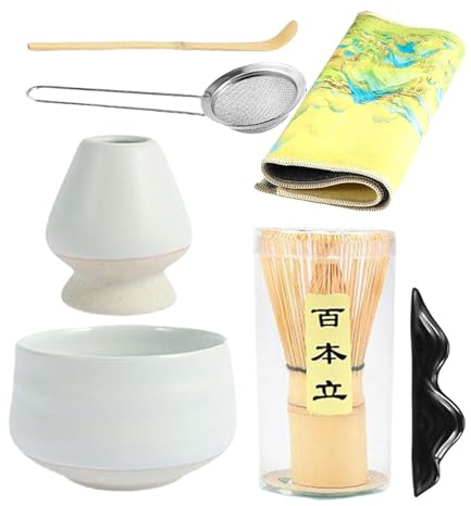 Kit à matcha japonais – Outils traditionnels pour matcha – Service à thé en céramique | Ensemble de 7 pièces avec cuillère et accessoires à matcha de qualité supérieure pour les amateurs de thé