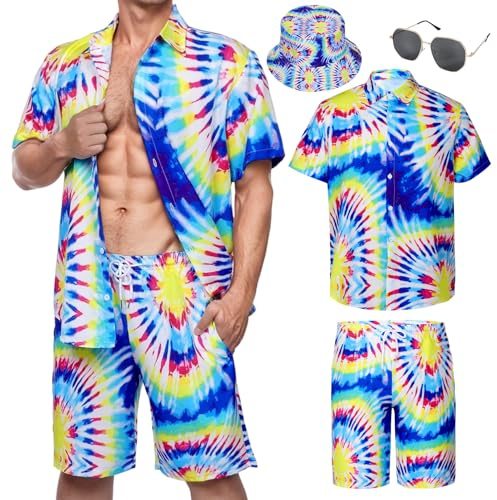 Hawaii skjorta män, Hawaii-kostym män sommar, Hawaii-skjorta kortärmad skjorta, shorts, hatt, strand, semester, fest, festival, blå, XL