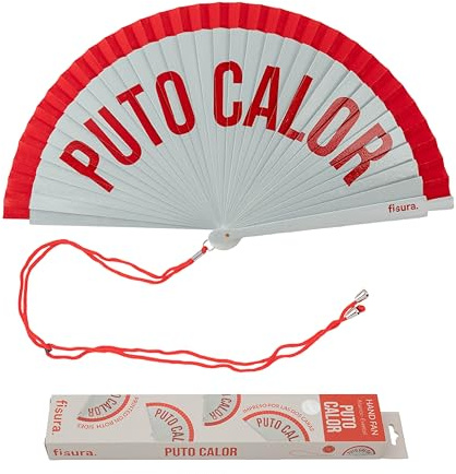 Fisura – Origineller Fächer mit Aufschrift P*to calor“. Moderner, bunter Handventilator aus Holz. Rot-weißer Verlauf. Inklusive Haken. Maße: 42,5 x 23 cm