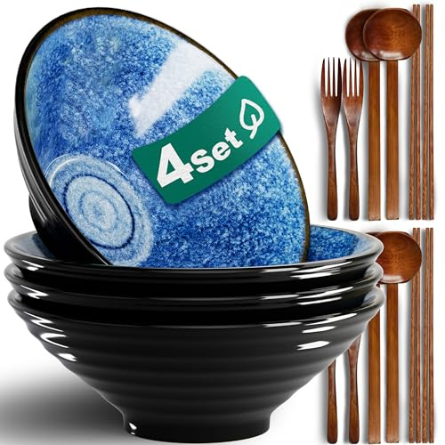 8 Pulgadas Juego De 4 Cuencos De Ramen De Cerámica (16 Piezas), Con Tenedor Palillos Chinos y Cuchara Cuenco Japonés para Sopa de Fideos Ensalada Ideal para Regalo Apto Lavavajillas y Microondas