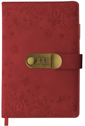 Qefuna Diario Con Lucchetto, Diario A5 In Similpelle Con Copertina Goffrata, 200 Pagine, Carta Da 100 G,Con Lucchetto Vintage Cashew Blossom E 3 Penne Colorate Curve,Per Adulti - Rosso