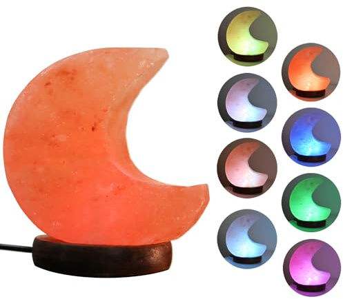 FANHAO Moon Shaped Himalayan Salt Lamp with 8 Color Changing, USB Salt Rock Lamp Night Light for Gift and Home Decor, Neem Wooden Base