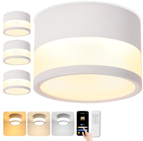 URing 4x LED Aufbauspot Dimmbar, IP65 Deckenleuchte Aufputz mit Fernbedienung APP, 12W Deckenspots Weiß 2700K-6500K Aufbaustrahler Flach Aluminium 230V Deckenlampe Rund Badezimmer Lampe, Ø10cm