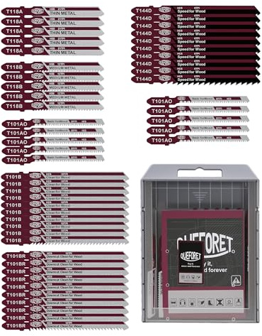 QUEFORET Jigsaw Blades for Metal Wood and Plastic 50pcs - Jigsaw Accessories for Straight/Curved Cut, T118A/T118B x 5pcs, T101AO/T101B/T101BR/T144D x 10pcs, T Shank