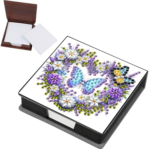 PU Leather Diamond Art Kits Note Box for Adults | 5D DIY Diamond Painting Memo Pad Holder | Sticky Note Holder with Butterfly and Flower Design | Includes 160 Blank Memo Papers | for Home Office