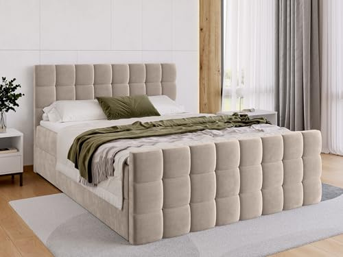 BROMARKT Boxspringbett mit Matratze 160x200cm Bett mit Topper Beige | Polsterbett mit Bettkasten Doppelbett mit Stauraum für Schlafzimmer gepolsterte Kopfteil Bed Bonell Boxbett H3 DAKOTA DUO