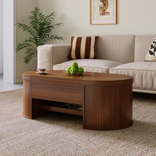 Kelodan Mesa de salón con lados curvos de madera levantables, tablero deslizante, complemento de mobiliario multifuncional para el salón.