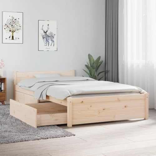 Iiaky Cama Madera Doble de 90 x 190 cm con 2 Cajones Estructura con cabecero y somier de láminas de Madera Marco De Cama de Madera, Bed Frame, Cama Juvenil-Natural-90 x 190 cm