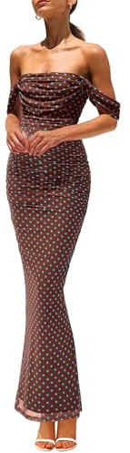 PRETTYGARDEN Cocktail Dresses for Women 2026 Summer Floral Off Shoulder Ruched Mesh Elegant Wedding Guest Maxi Dress (01 Dot Brown,Small)