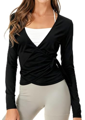 ZUIMEIHQH Pilates Wrap Top, Long Sleeve T Shirt Y2k Ballet Cardigan for Women UK, V Neck Wrap Top for Pilates Yoga Ballet Sport (UK, Alpha, L, Regular, Regular, Black)