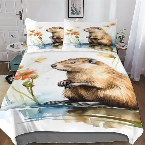 LLLBBB Beaver 2 PCs Duvet Cover Set with Pillow Cases 3D Bedding Set for Kids Adults Soft Comforter Cover Microfiber Quilt Cover Single(135x200cm)