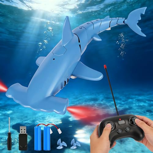Cheffery Tiburón Teledirigido con Función de Inmersión, 2.4GHz RC Tiburon con Luces LED, Juguete Tiburón Submarino para Piscina y Bañera, Regalo para Niños 6+ Años (Azul)