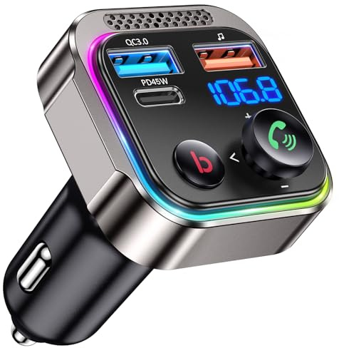 GizmoVine Bluetooth Coche,Transmisor FM Bluetooth 5.4 para Coche,63W(PD 45W & 18W) Doble USB Cargador Adaptador Receptor de Radio Inalámbrico,Pantalla LED,Llamadas Manos Libres Aleación De Zinc