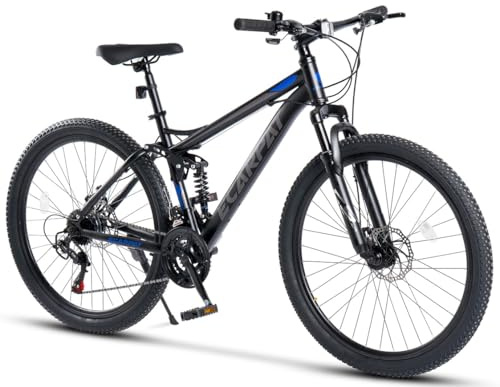 PVY Fully Mountainbike 27,5 Zoll für Erwachsene und Jugendliche, 21-Gang Kettenschaltung, mechanische Scheibenbremsen, Full-Suspension Rahmen, Federgabel, für Gelände 160-175 cm, Schwarz-Blau