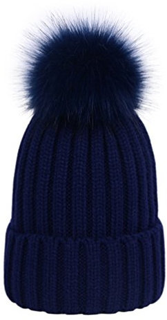 Lau's Bonnet Tricot Femme Chaud Hiver, Bonnets Ski côtelé avec Amovible Pompon en Fausse Fourrure Marine