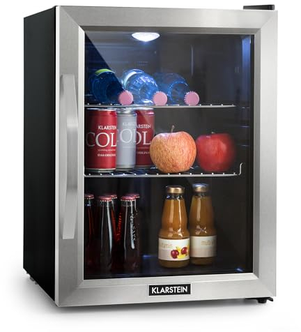 Klarstein Beersafe Mix It - Nevera pequeña, Mini nevera con puerta acristalada, Frigoríficos pequeños con iluminación LED, De 0 a 13°C, 42 dB, Silencioso, 2 Rejillas metálicas, 33 L, Negro