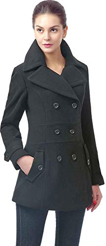 BGSD Women Joann Wool Blend Walking Pea Coat (Also available in Plus Size and Petite), Black, Large Petite
