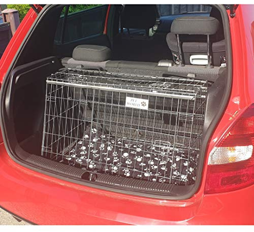 Pet World Small 32 Sloped Car Dog Crate – Compatible with Skoda Fabia – UK Designed, Steel Travel Cage – Emergency Escape Hatch – Folds Flat – Free Comfort Mat – Easy Assembly
