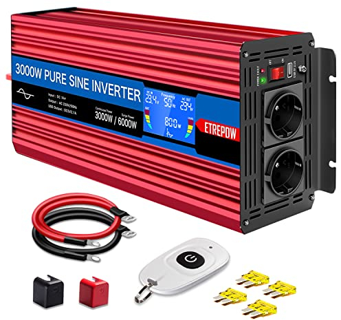 ETREPOW ® 3000W convertisseur 24v 220v Pur Sinus transformateur-2 Prises EU AC et USB, télécommande sans Fil et écran LCD Onduleur pour Les systèmes Solaire, Voiture, Camping, Voyage