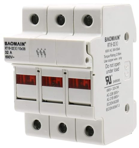 BAOMAIN 3 Pole Cylindrical Fuse Holder with LED Indicator, fits 10 x 38 mm Fuses, 32 Amp 690 VAC, 35mm DIN Rail Mount, 18 to 8 AWG, UL & CE Certified, RT18-32(X) Series (1 Pack)