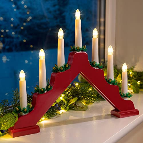 CHRISTOW Christmas Candle Bridge Light 7 LED Battery Operated Wooden Decoration (Red)