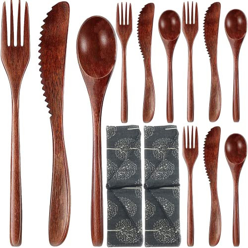 Reusable Wooden Utensils for Eating 13 Pcs Travel Wooden Spoons Forks Cutlery Set with Case Lunch Utensils Silverware Set for Lunch Portable Wood Flatware Set for Eating