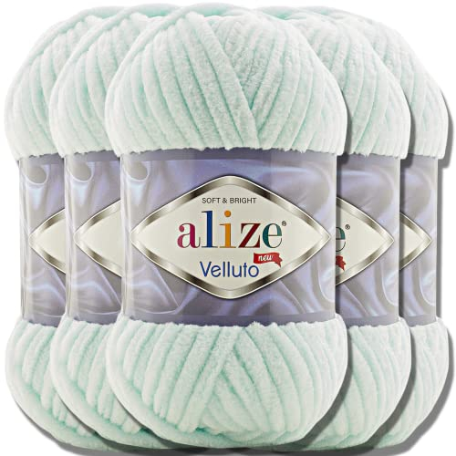 Hobby YARN 3x Etikettenlabel mit Alize Velluto Wolle Premium 5x100g als Set, Chenille Dicke Wolle zum Häkeln Uni Farbe Bulky Amigurumi Kuschelwolle Filzwolle (Water Green | 15)