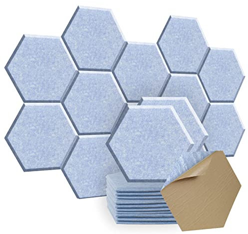 SHJADE Lot de 12 panneaux acoustiques hexagonaux autocollants, panneaux insonorisants haute densité de 30,5 x 25,4 x 1 cm (bleu ciel clair)