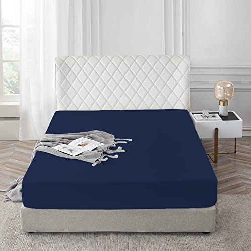 AR Ware Double Fitted Sheet 100% Egyptian Cotton 300 TC, Breathable Deep Fitted Sheets Double Bed, Hotel Quality 30 Cm Fitted Bed Sheets (Navy)