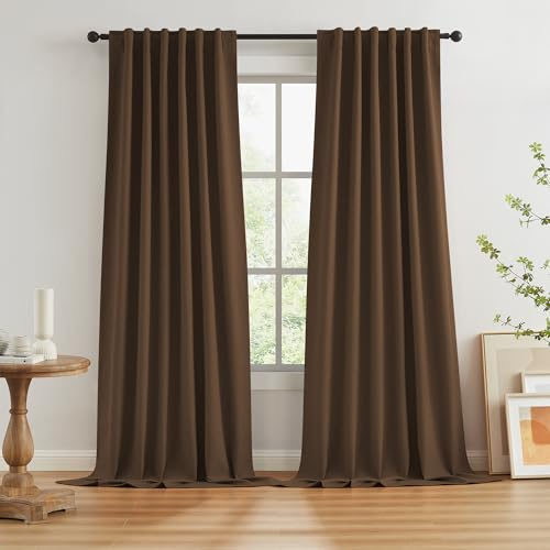 Keqiaosuocai braune Verdunkelungsvorhänge aus Leinen, strukturiert, für Wohnzimmer, 100% lichtblockierende Vorhänge, Schokobraun, 2 Paneele mit Schlaufen auf Rückseite, 127 B x 335 cm L