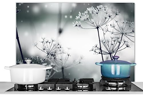 KitchenYeah© Fond de Hotte 90x60 cm Aluminium Crédence Cuisine Décoration Murale Crédence Plaque de Cuisson Anti Projection Fleurs - Nature - Noir et Blanc - Photographie