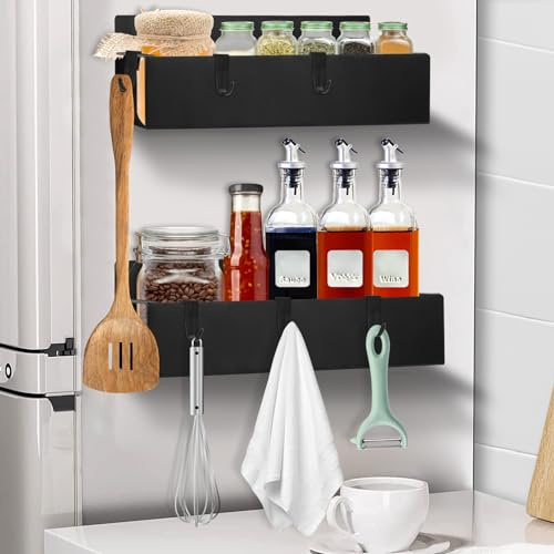 MXTIMWAN Portaspezie Magnetcio per Frigorifero, 2 Pezzi Porta Spezie per Cucina Magnetico Organizer Scaffale Magnetico per Frigorifero, Portaspezie Salvaspazio Mensola Cucina Magnetcio con 6 Gancio