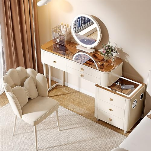 Weißer Moderner Schminktisch, Schminktisch-Set mit Spiegelbeleuchtung, Ausziehbarer Schminktisch mit 6 Schubladen/großem Stauraum, Schminktisch mit Leisen Schubladenführungen, für Mädchen/Frauen ( Siz