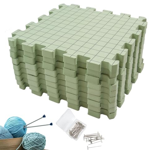 Moreeulsi Spannmatten Mit Raster, Matten Zum Spannen Für Handarbeiten Stricken Häkeln Spitze Mit Rasterlinien Schaumstoff-Strickbrett-Häkelmatten Spannunterlagen-Set Mit 9 Stück Matten, 50 T-Nadeln