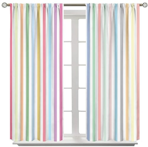 Stripe Curtains for Kids Room Decor, Striped Vertical Pastel Colorful Rainbow Pattern Window Treatments, Rod Pocket Thermal Insulation Drapes for Bedroom Living Room, 42 W X 45 L