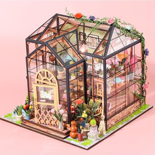 WYFCR Puppenhaus Miniatur mit Möbeln, Idee DIY hölzerne Miniatur Haus Kit mit LED-Licht, Haus, Bücherregal Dekoration, Geschenke für Erwachsene und Kinde,gewächshaus zubehör