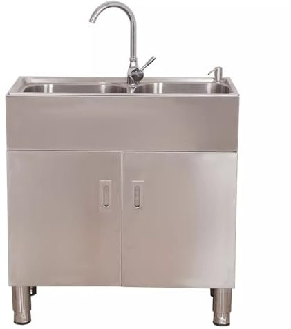 Evier INOX Meuble Lavabo à Cuve Double 76 * 41 * 79cm, Évier Utilitaire Autoportant avec Égouttoir, Robinet, Tuyau De Vidange pour Cuisine, Restaurant, Garage, Jardin, 2 Bac