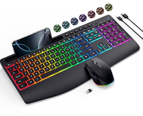 Wireless Keyboard and Mouse Combo- VEILZOR 2.4G Rechargeable Keyboard with Phone Holder, Ergonomic Wrist Rest, 9 RGB Backlit Effects, Silent Keyboard Mouse Set for Windows, Laptop, PC