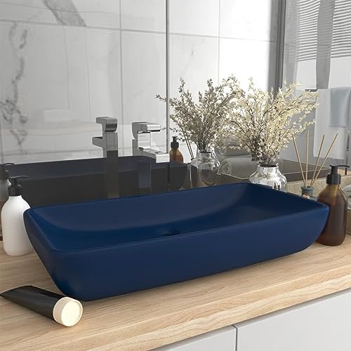 Homgoday Lavabo de Luxe Rectangulaire Bleu foncé Mat 71x38 cm Céramique, Vasque à Poser, Lavabo de Salle de Bain Évier de Comptoir pour Toilettes, Vestiaires, WC d'invités