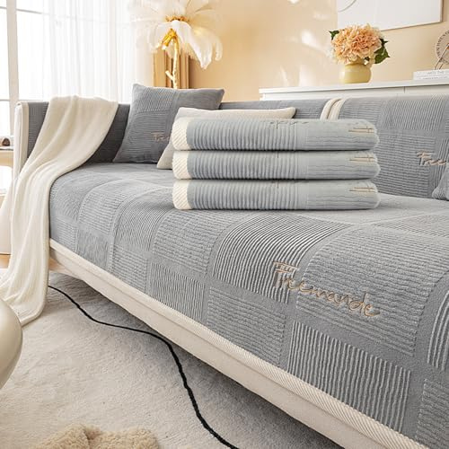 AUAUY Fundas para Sofa de VellóN Suave y Esponjoso, Fundas de Sofa Ajustables, 1, 2 y 3 Plazas Funda Sofa Antideslizante, Forma de L Protector Sofa, La Funda para Sofa Seccionales (Gris, 90X180 cm)