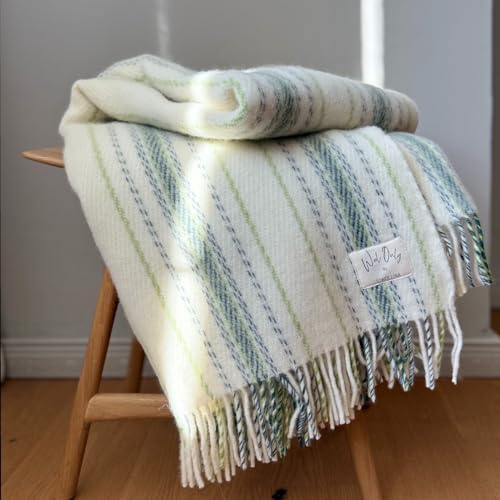 JOWOLLINA WOOLONLY 100% Lammwolle Wolldecke Plaid Karo Schottenmuster Tartan (Off White, grün, 140x200 cm)