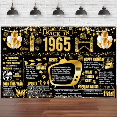 Banner zum 60. Geburtstag, Schwarz / Gold, Back in 1965 Poster, UK-Hintergrund, Banner zum 60. Geburtstag, Dekoration für Männer und Frauen, Partyzubehör zum 60. Jahrestag