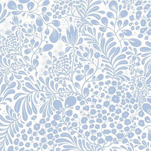 LiKiLiKi Self Adhesive Wallpaper Blue Floral Vinyl Wrap Sticky Back Wallpaper Retro Peel and Stick Wall Paper for Table Walls Bedroom Living Room Renter Friendly Textured Removable, 44x600 cm