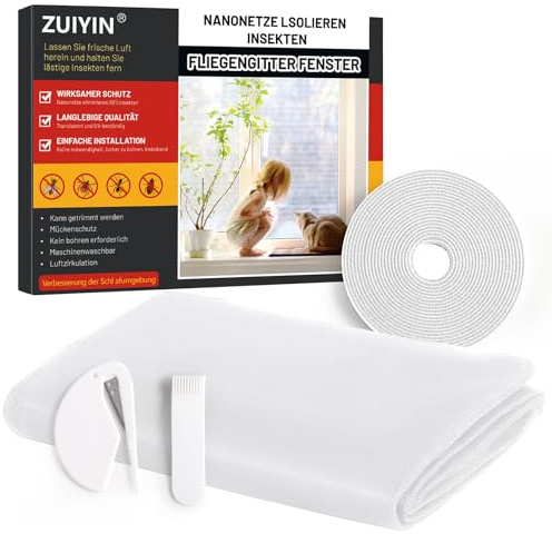 ZUIYIN Zanzariera per Finestre - 1 Pezzo 130x150 cm Bianco - Senza Fori Protezione Anti-Insetti Ritagliabile con Nastro Adesivo Rinforzato - Rete per Zanzare e Insetti per Finestre