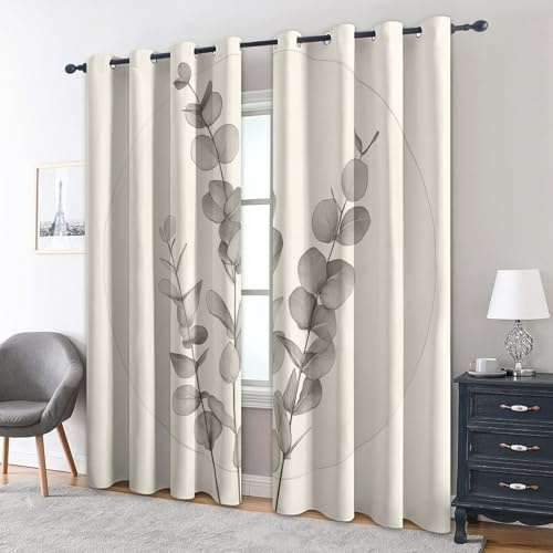 Generisch Eukalyptus Vorhänge mit Ösen, H 220 x B 140, 2er Set - Pflanze Motiv Gardinen Wohnzimmer Schlafzimmer Deko, Fenster Vorhang Blickdicht Blackout Curtain （HY734）