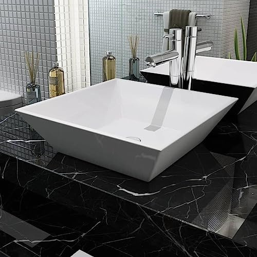 Lavabo Quadrato in Ceramica Bianco, Design Moderno per Bagno con Smalto Lucido, Lavabo da Appoggio con Foro Scarico 4.5 cm, 41.5 x 41.5 x 12 cm