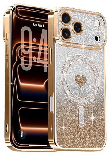 Lafunda für iPhone 17 Pro Hülle Plating Magnetisch Handyhülle Gold | Kompatibel mit MagSafe Mädchen Frauen Glitzer Pailletten Kameraschutz Durchsichtig Stoßfest Muster Herz-Motiv Schutzhülle